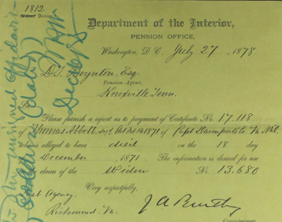 Death information in a War of 1812 Pension file